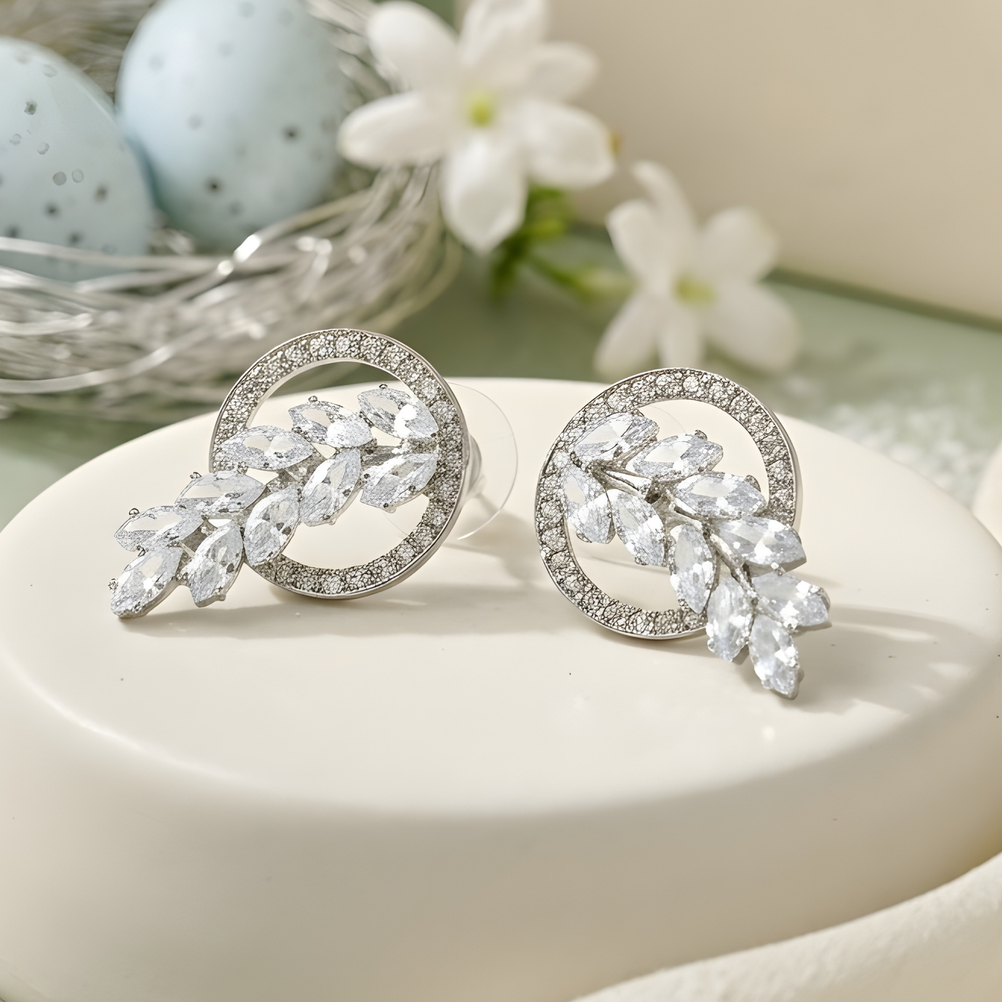 Diamond Leaf Halo Stud Earrings