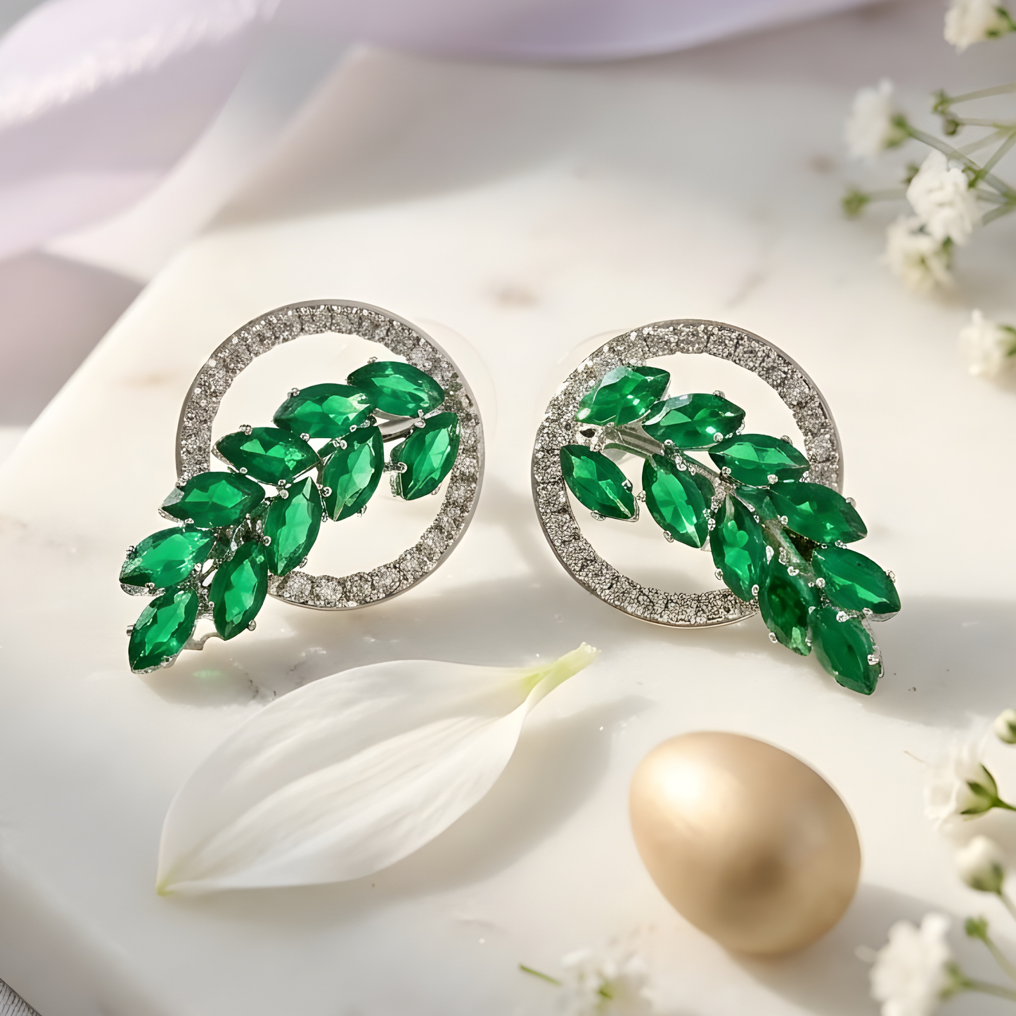 Diamond Leaf Halo Stud Earrings