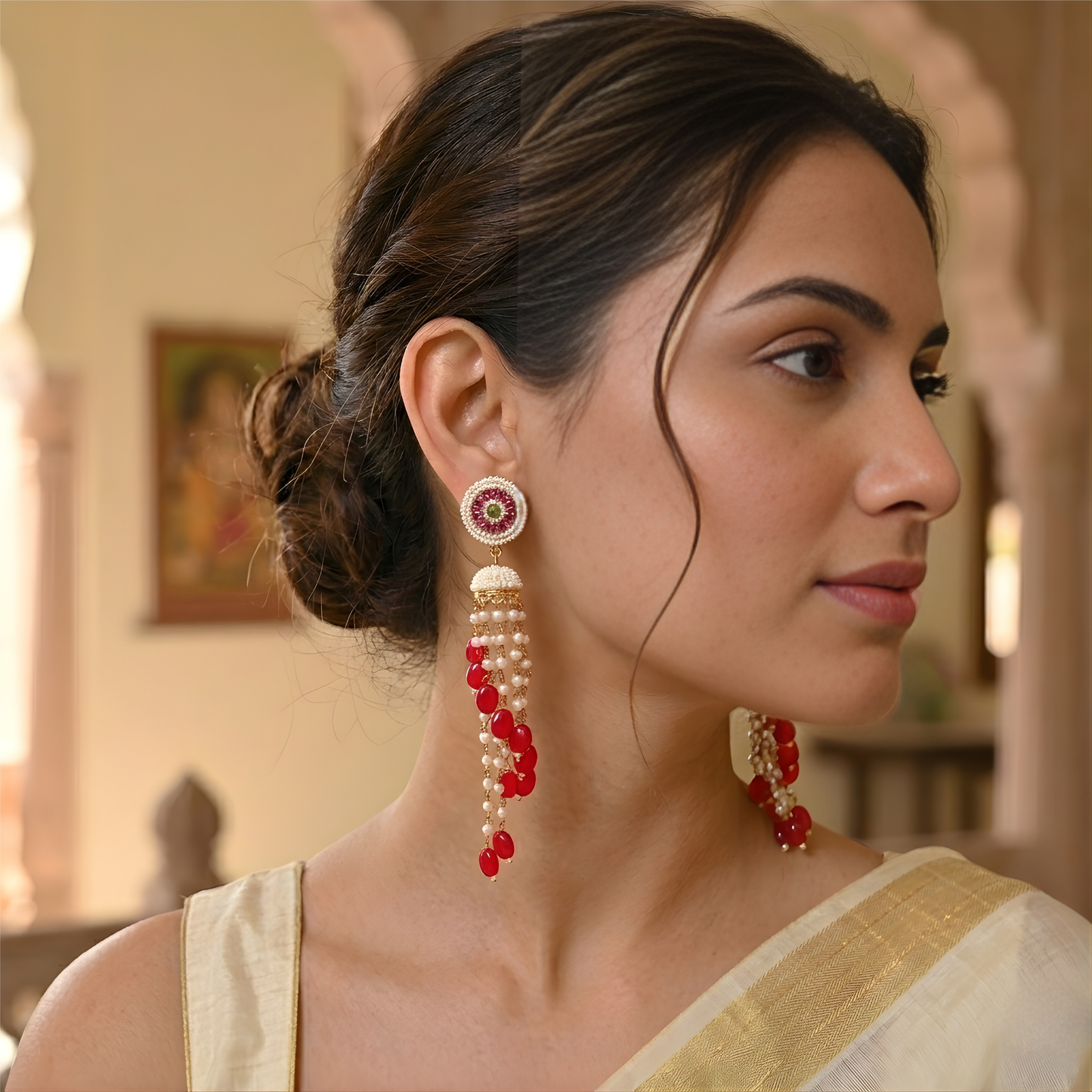 Royal Red Beaded Jhumka Tassel Earrings