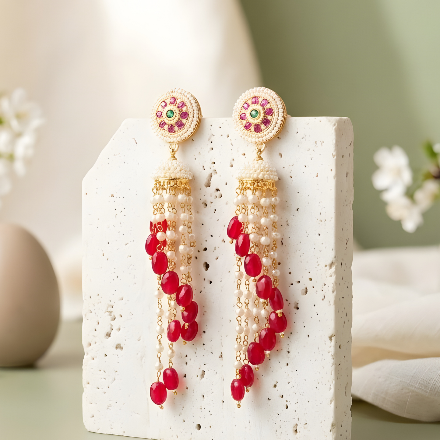 Royal Red Beaded Jhumka Tassel Earrings