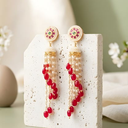 Royal Red Beaded Jhumka Tassel Earrings