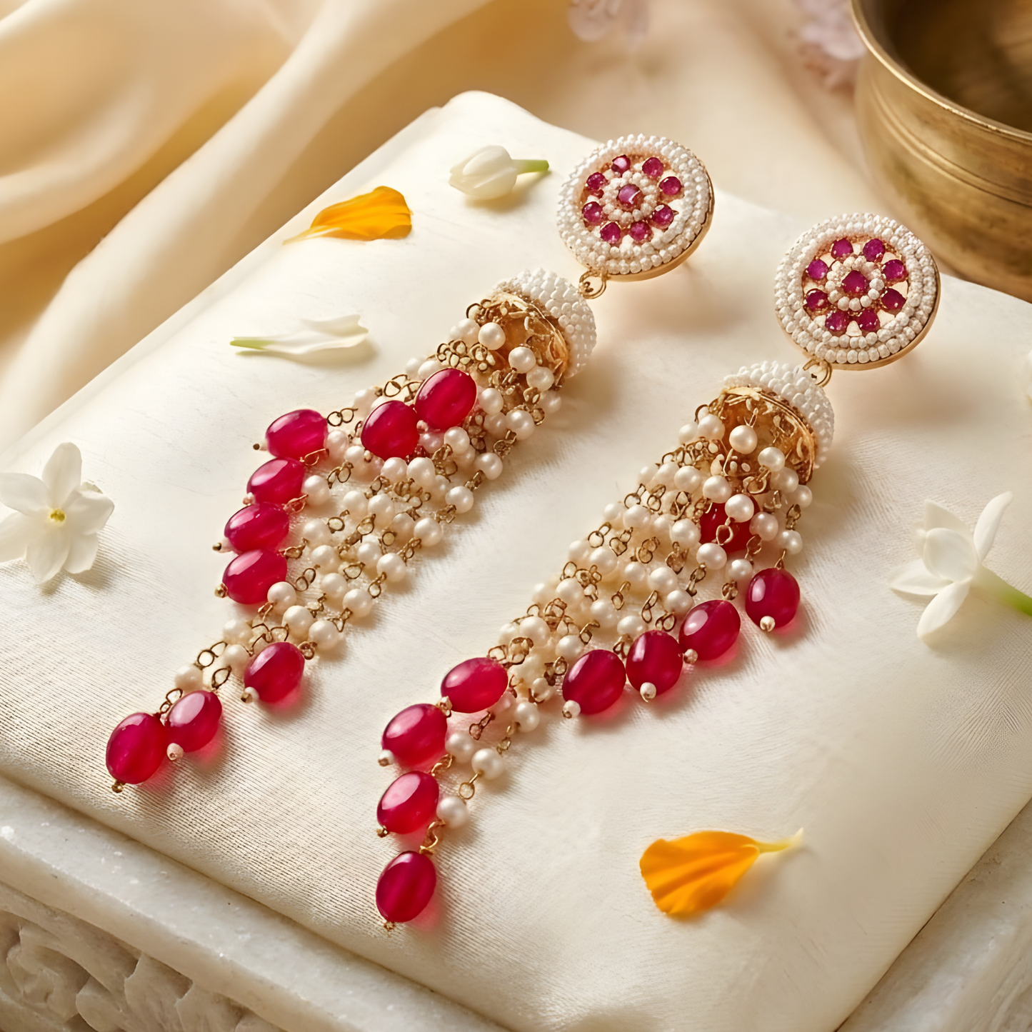 Royal Red Beaded Jhumka Tassel Earrings