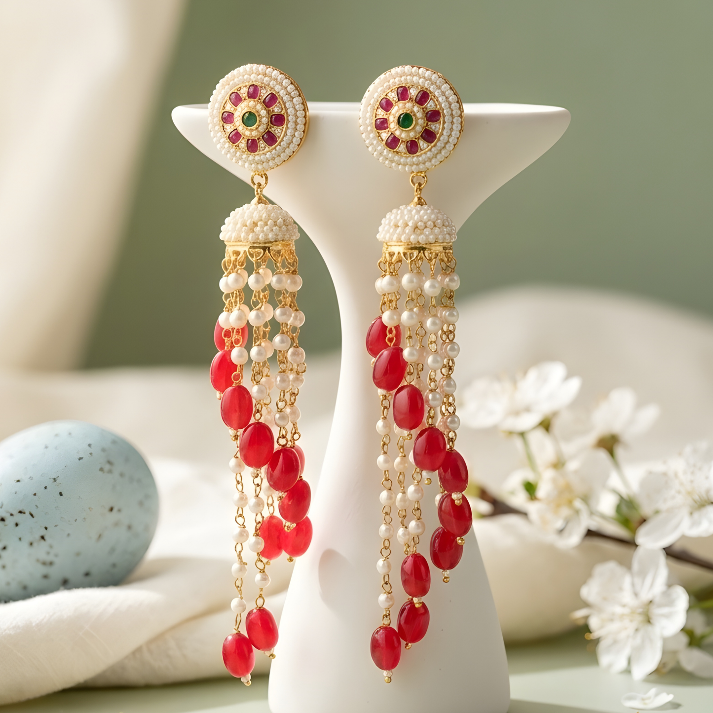 Royal Red Beaded Jhumka Tassel Earrings