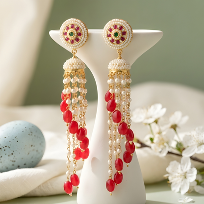 Royal Red Beaded Jhumka Tassel Earrings