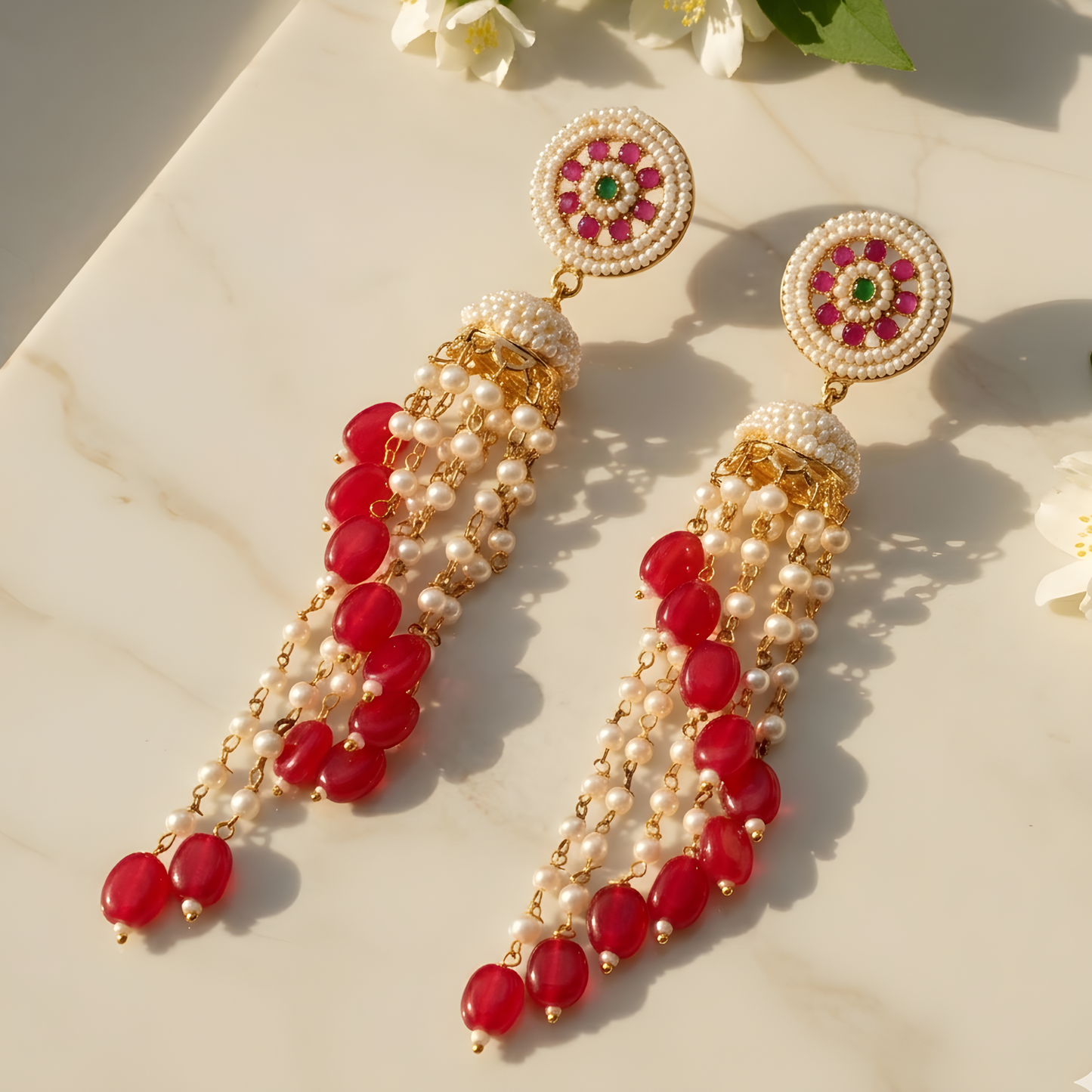 Royal Red Beaded Jhumka Tassel Earrings