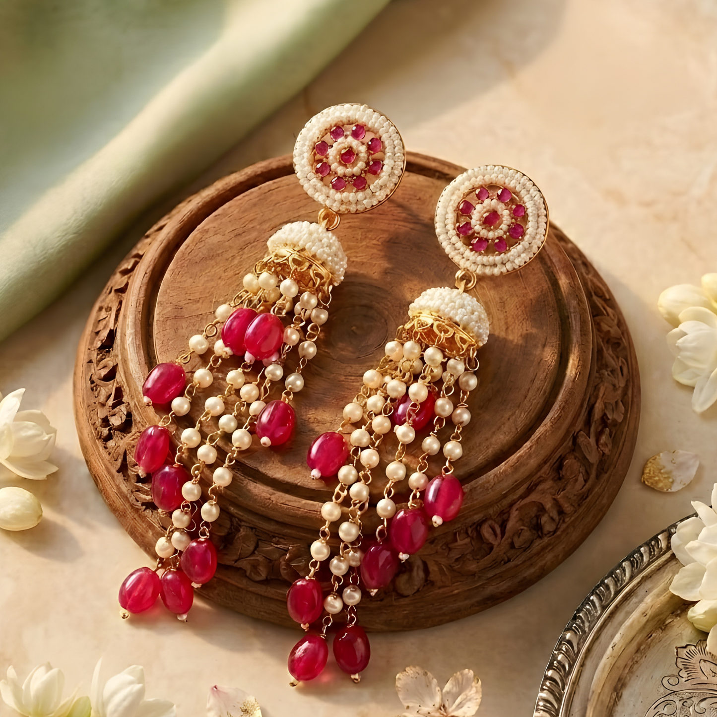 Royal Red Beaded Jhumka Tassel Earrings