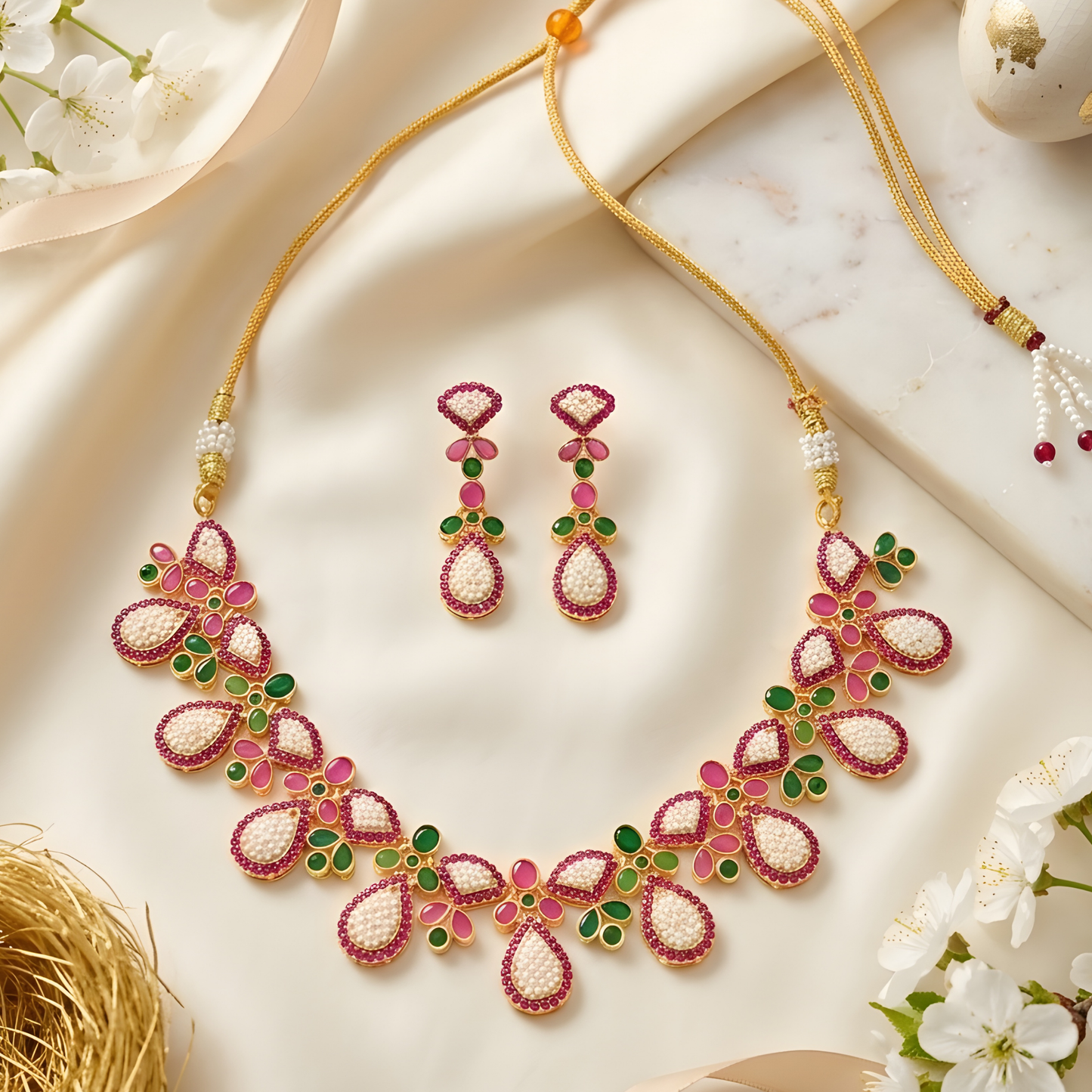 Colorful Flower Necklace Set With Earrings