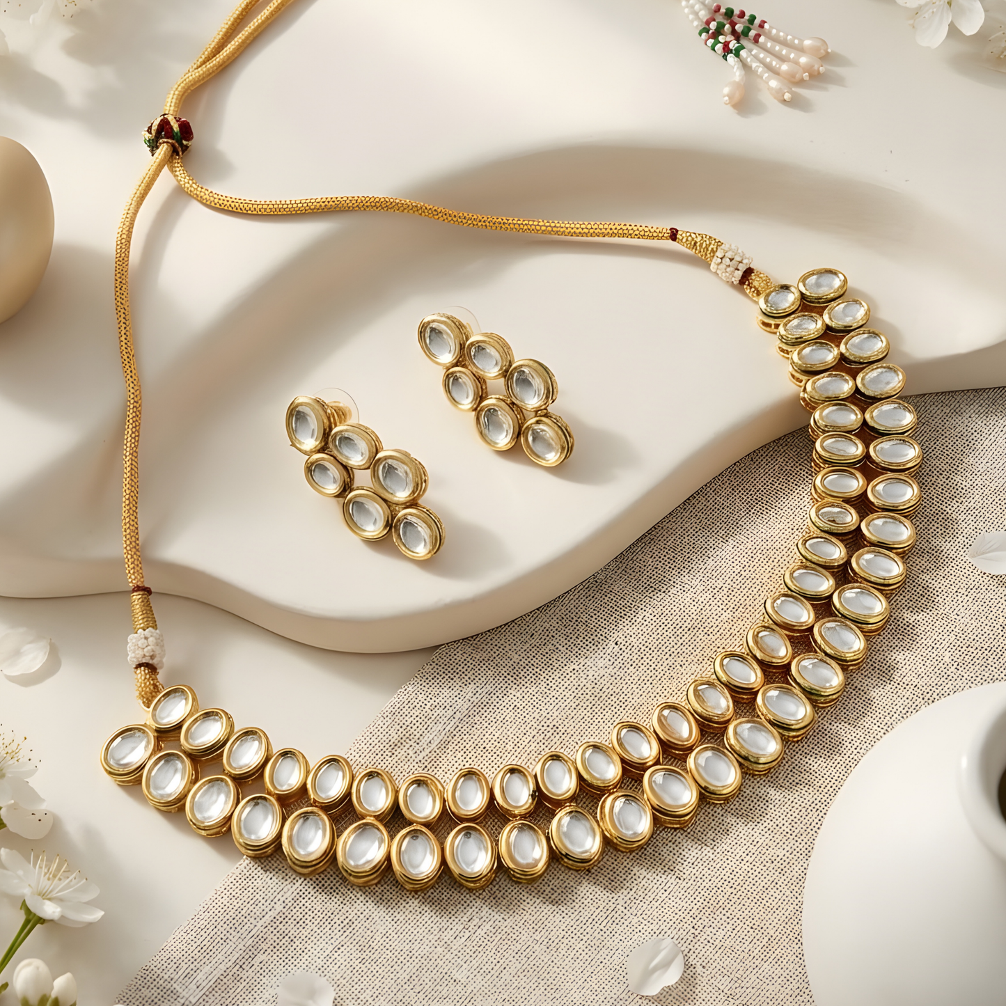 Double Line Kundan Polki Necklace Set