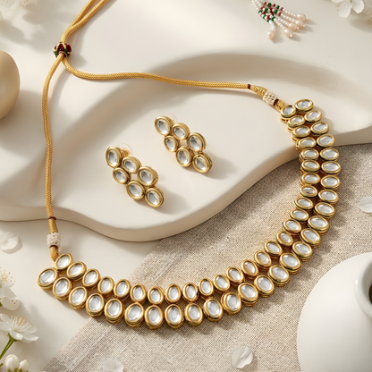 Double Line Kundan Polki Necklace Set