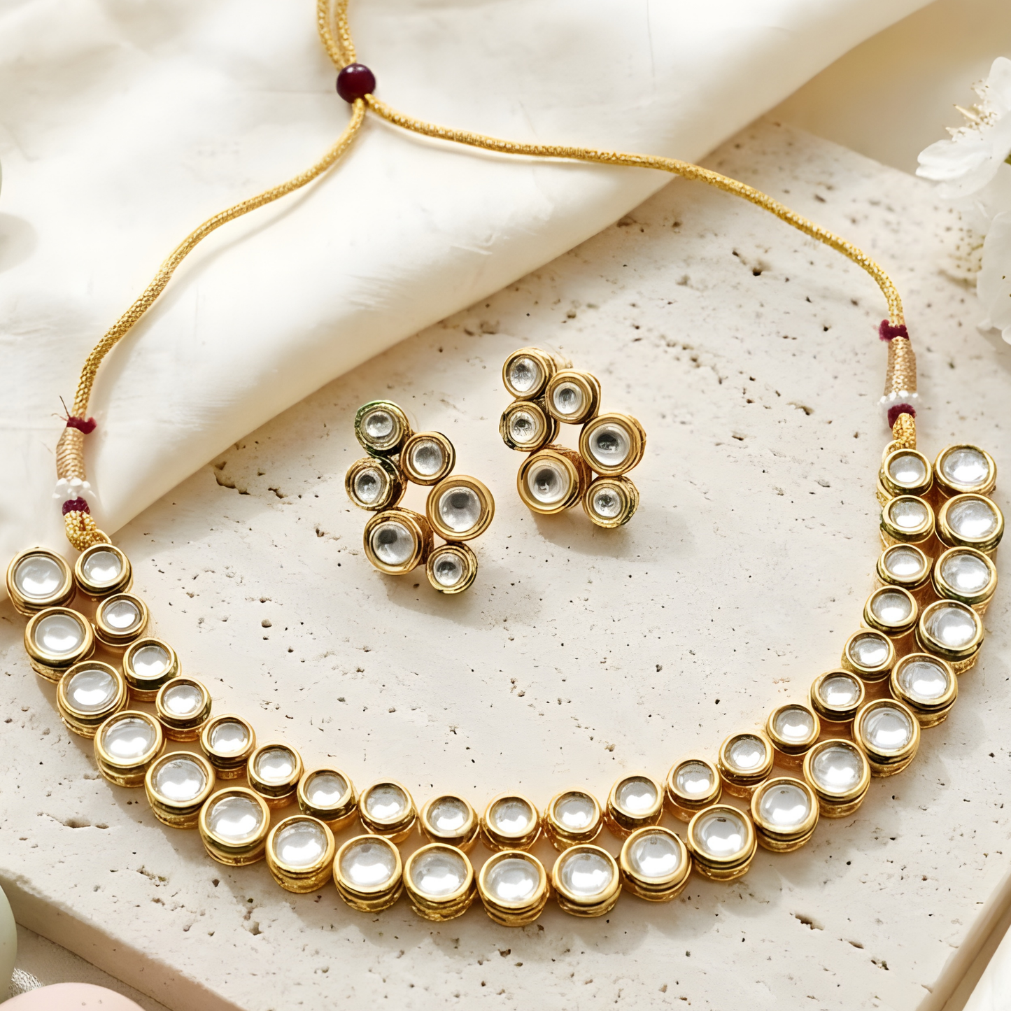 Double Line Kundan Polki Necklace Set