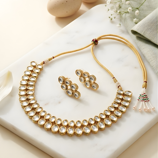 Double Line Kundan Polki Necklace Set