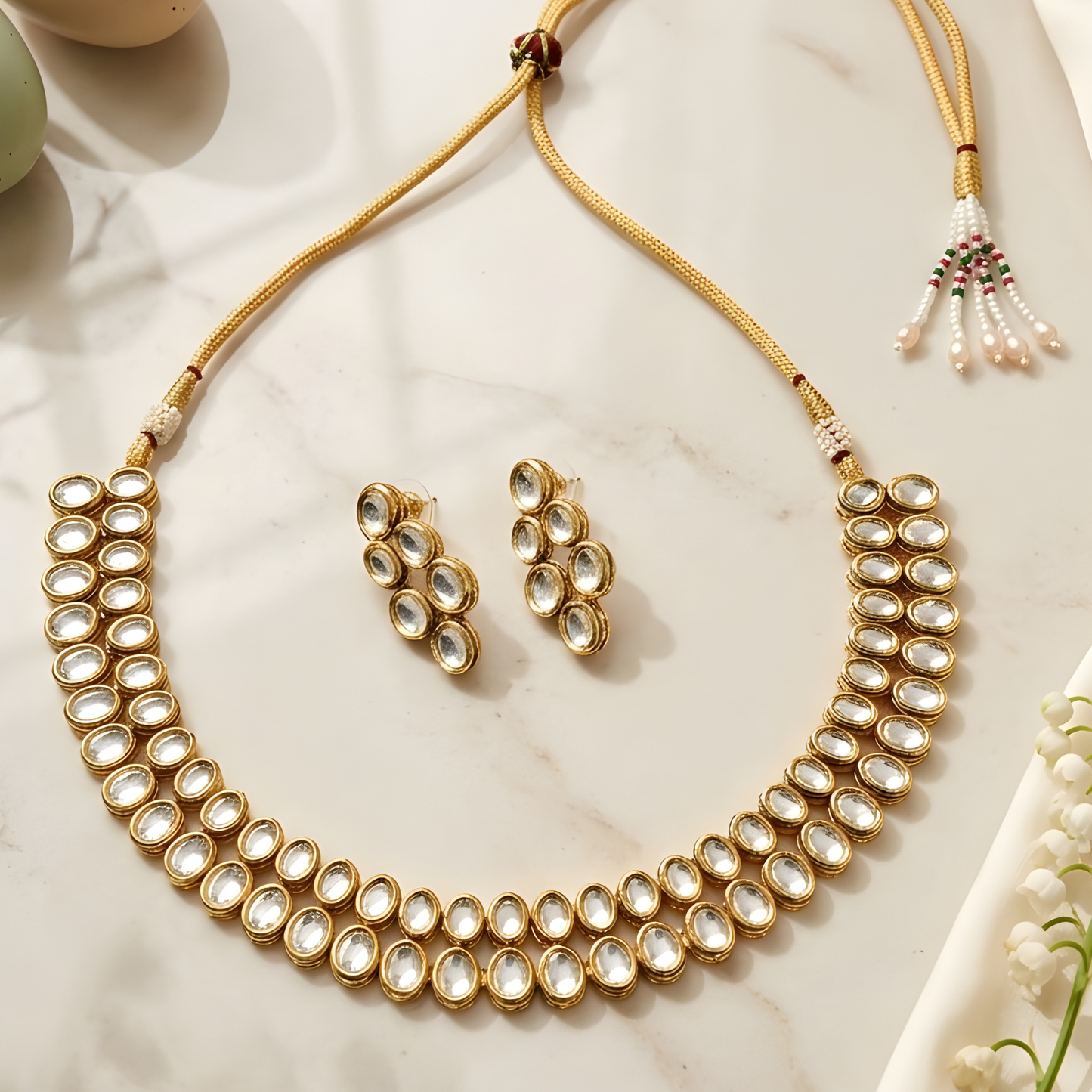 Double Line Kundan Polki Necklace Set