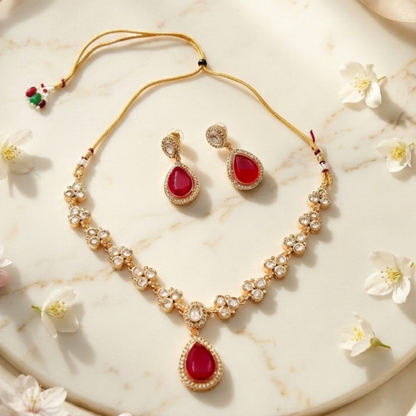 Ruby Red Teardrop Kundan Necklace Set