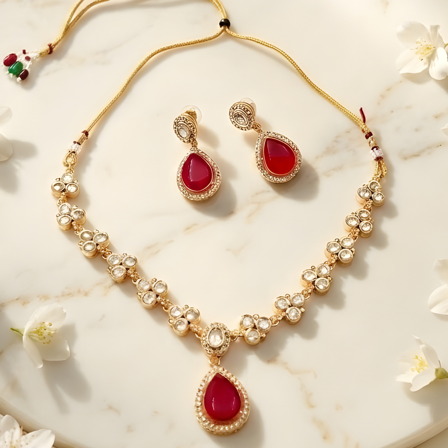 Ruby Red Teardrop Kundan Necklace Set