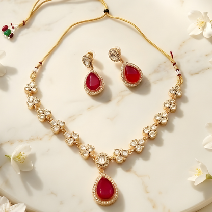 Ruby Red Teardrop Kundan Necklace Set