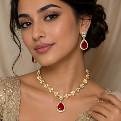 Ruby Red Teardrop Kundan Necklace Set