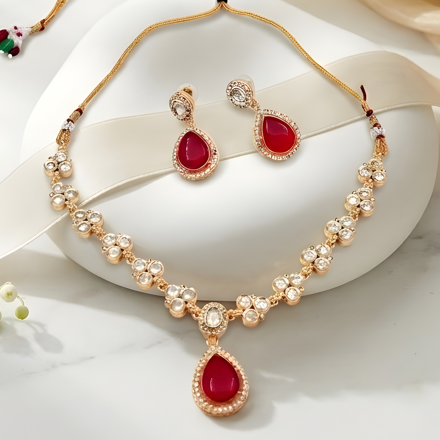 Ruby Red Teardrop Kundan Necklace Set