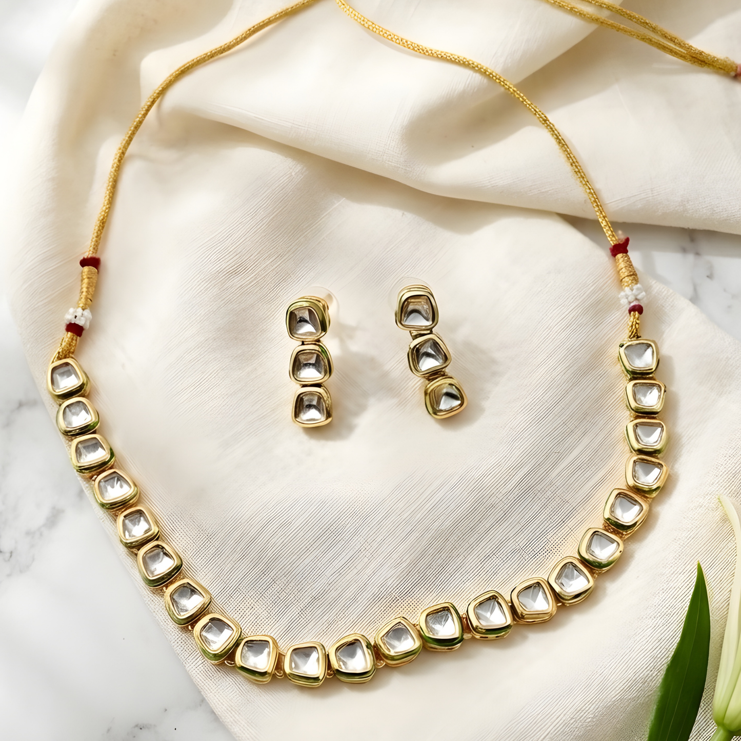 Single Line Kundan Necklace Set with Earrings