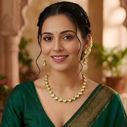 Single Line Kundan Necklace Set with Earrings
