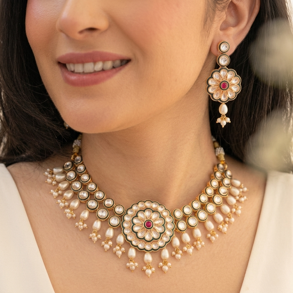 Flower Kundan Pearl Drop Choker Necklace Set