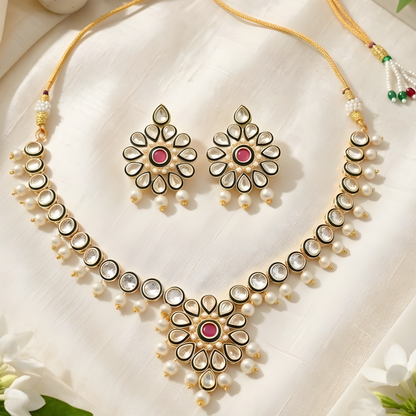 Flower Kundan Pearl Drop Choker Necklace Set