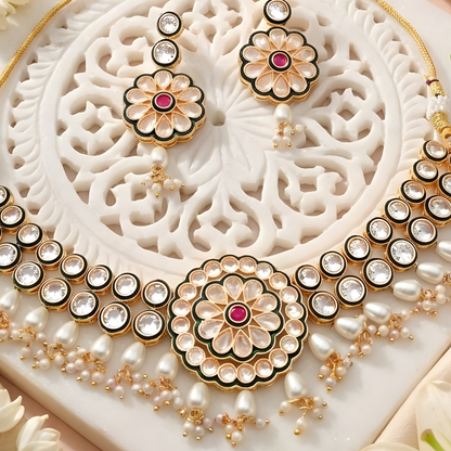 Flower Kundan Pearl Drop Choker Necklace Set