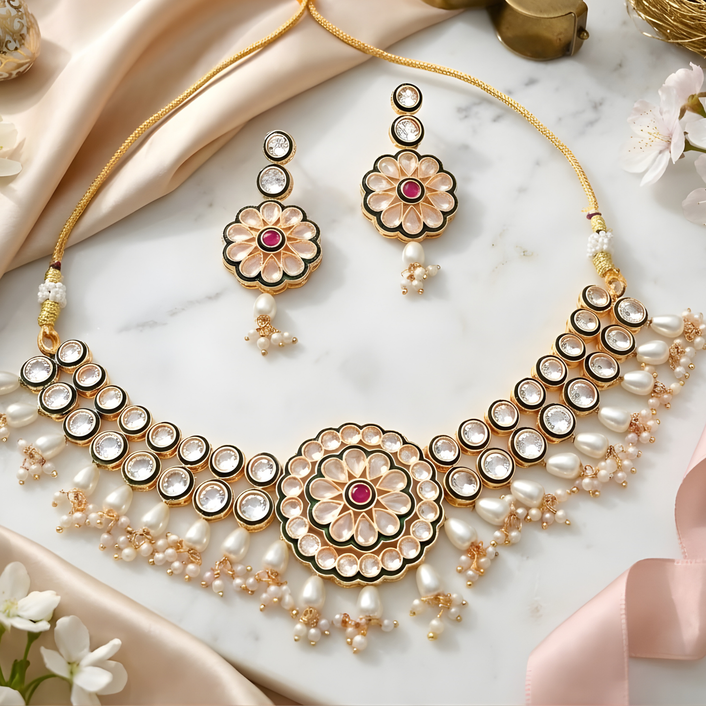 Flower Kundan Pearl Drop Choker Necklace Set