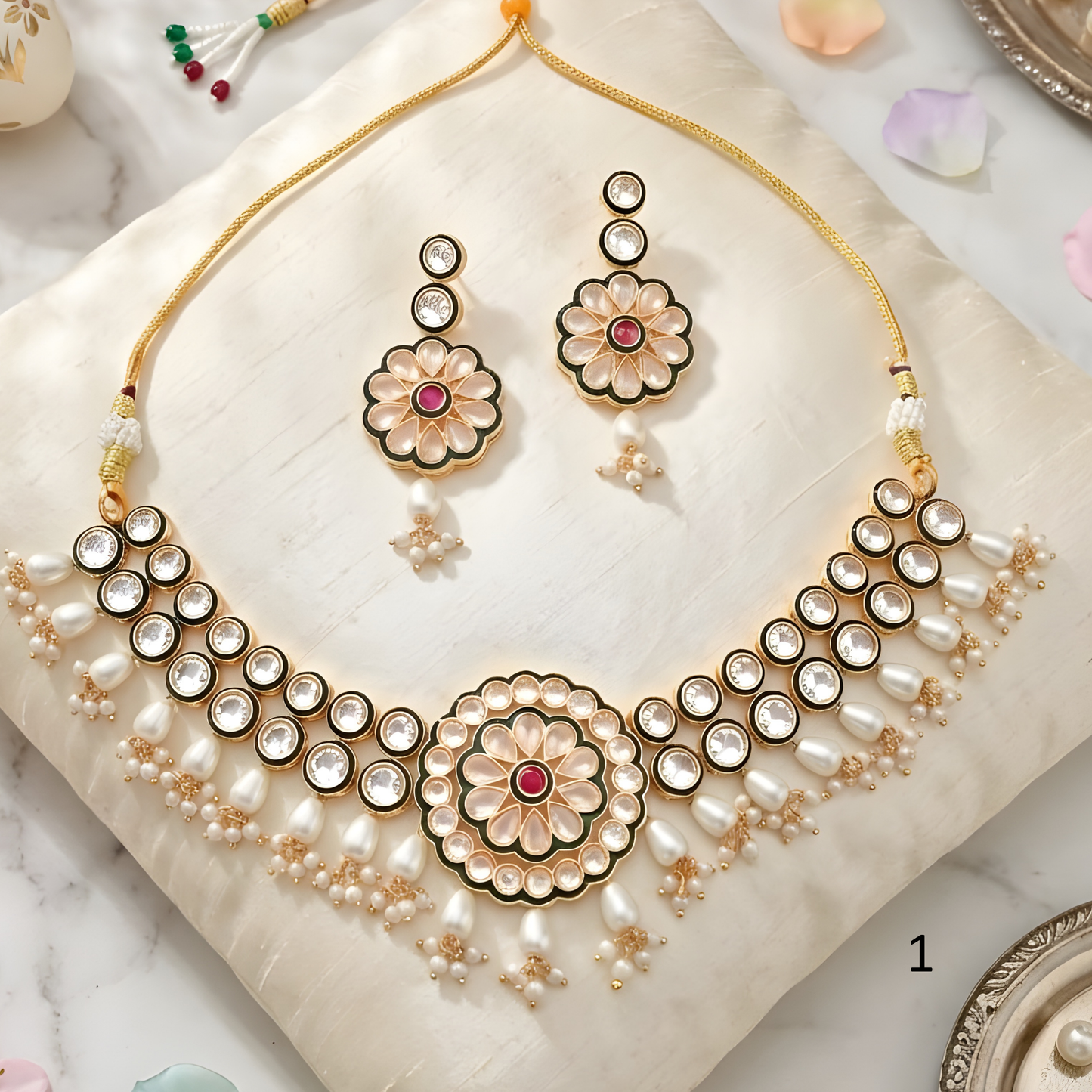 Flower Kundan Pearl Drop Choker Necklace Set