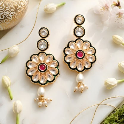 Flower Kundan Pearl Drop Choker Necklace Set