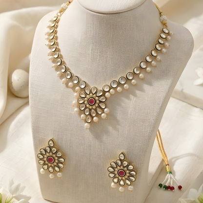 Flower Kundan Pearl Drop Choker Necklace Set