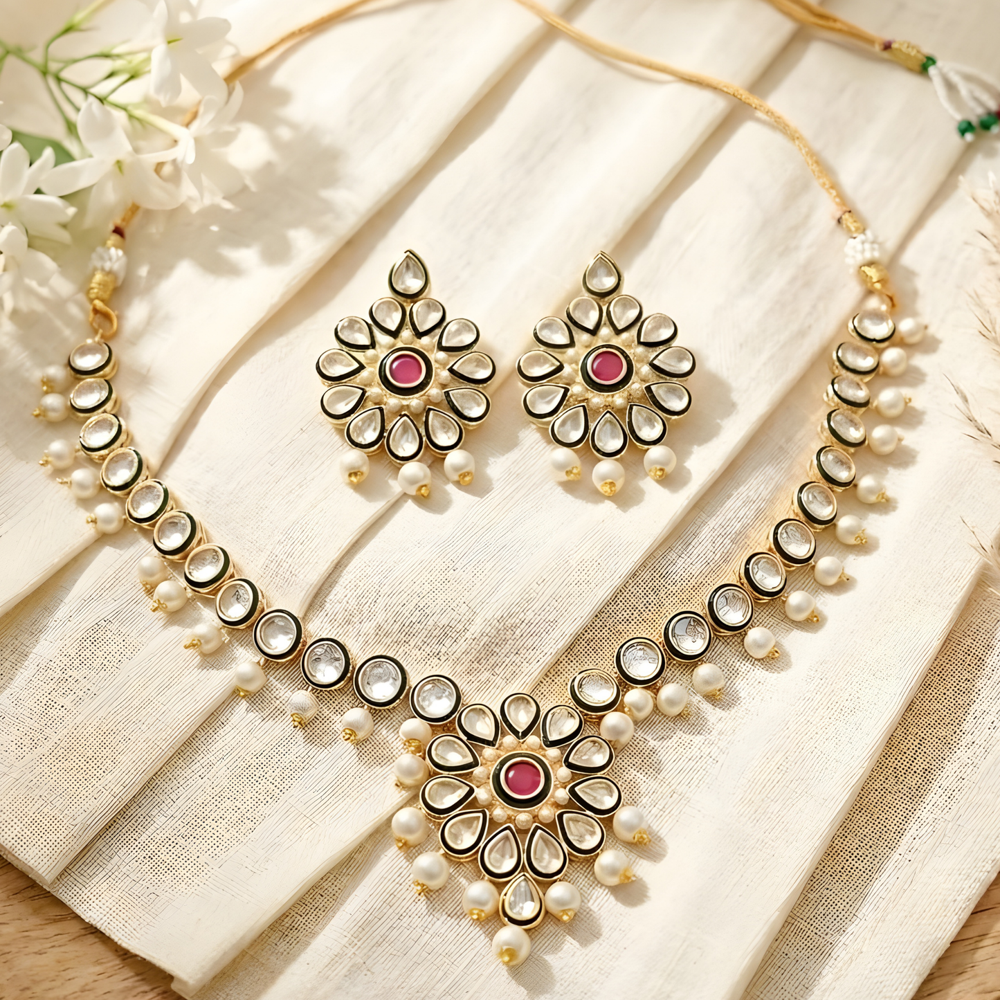 Flower Kundan Pearl Drop Choker Necklace Set