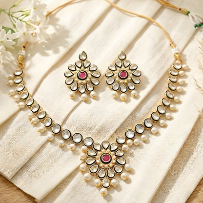 Flower Kundan Pearl Drop Choker Necklace Set
