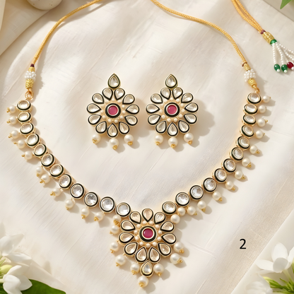 Flower Kundan Pearl Drop Choker Necklace Set