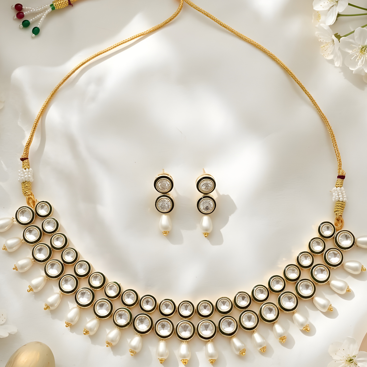 Double Line Polki Kundan Pearl Drop Necklace Set