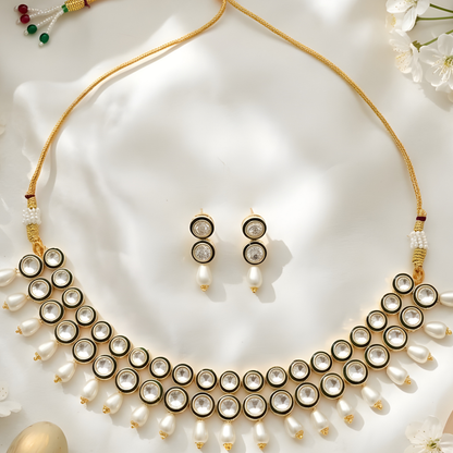 Double Line Polki Kundan Pearl Drop Necklace Set