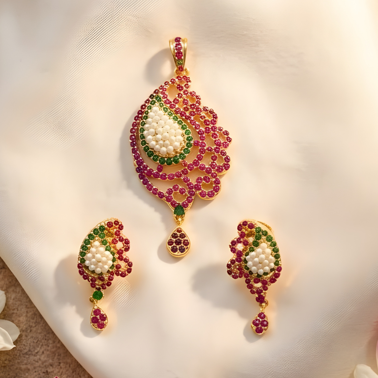 Kundan Pearl Pendant With Earrings