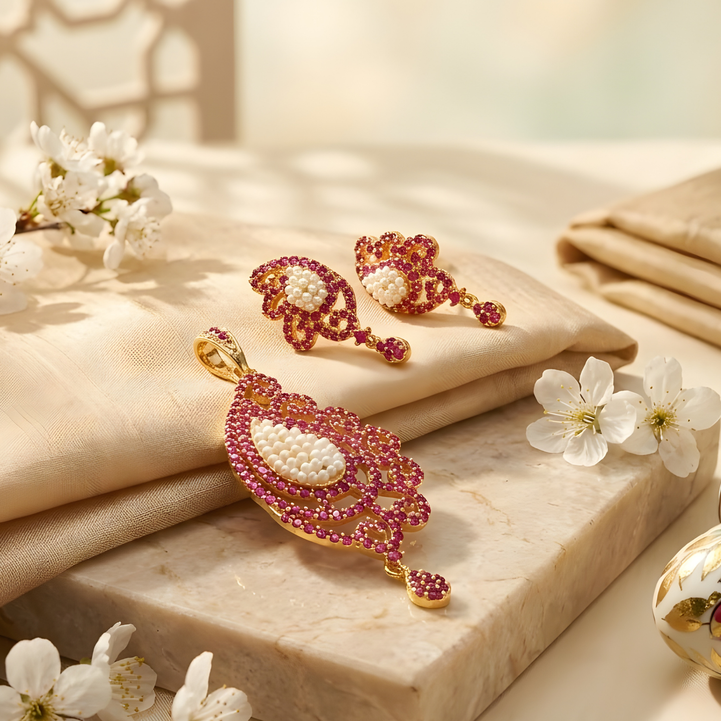 Kundan Pearl Pendant With Earrings