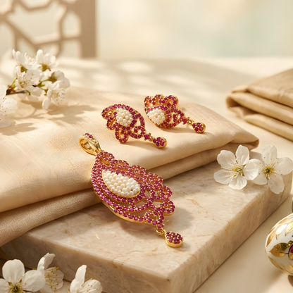Kundan Pearl Pendant With Earrings