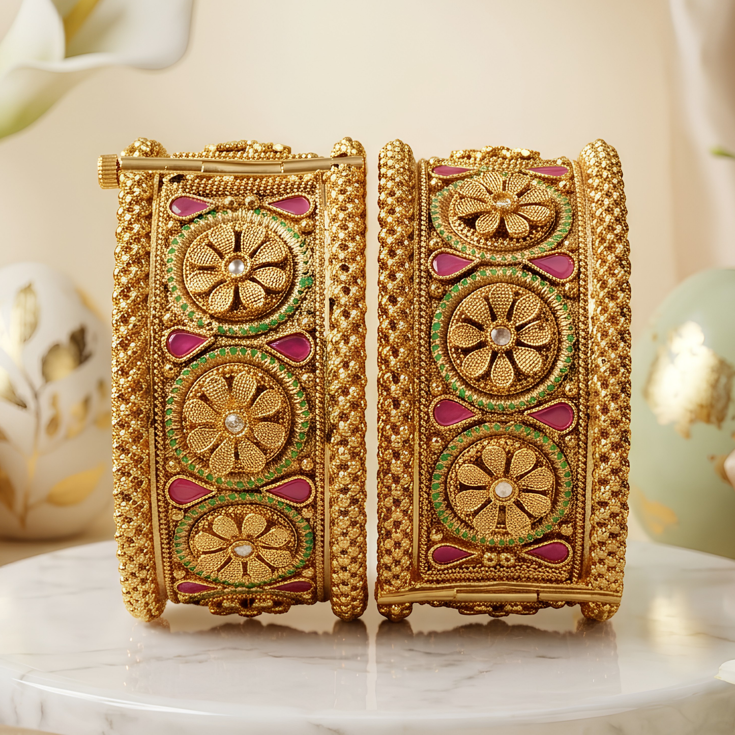 Floral Design Gold-Tone Kada Bangles