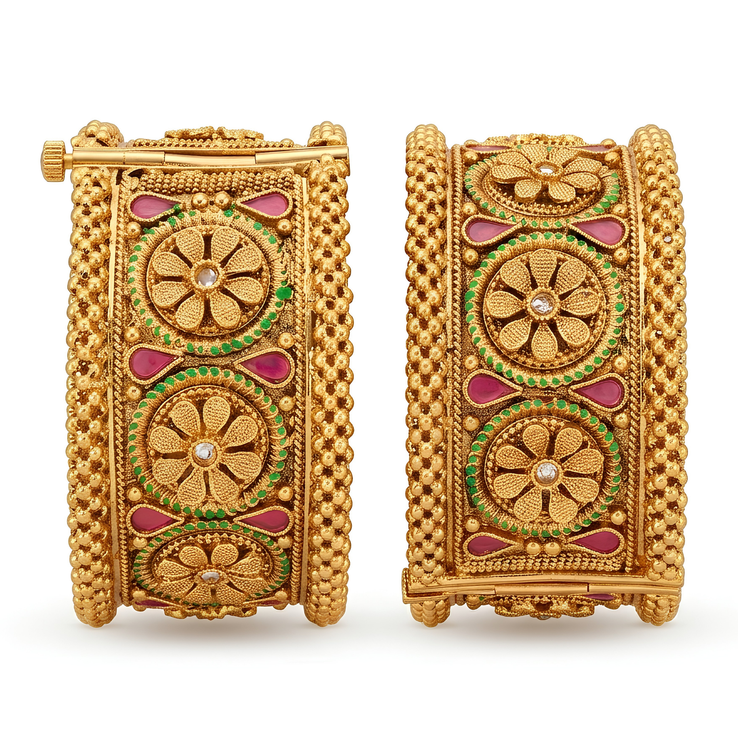 Floral Design Gold-Tone Kada Bangles