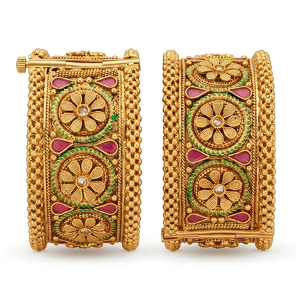 Floral Design Gold-Tone Kada Bangles
