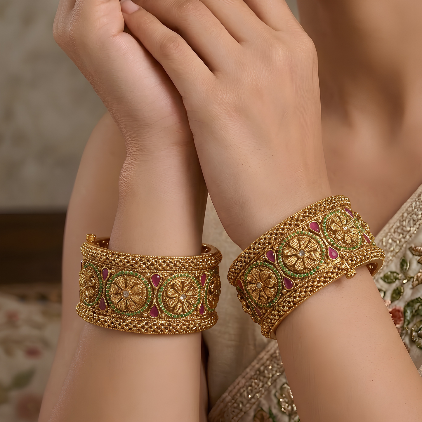 Floral Design Gold-Tone Kada Bangles