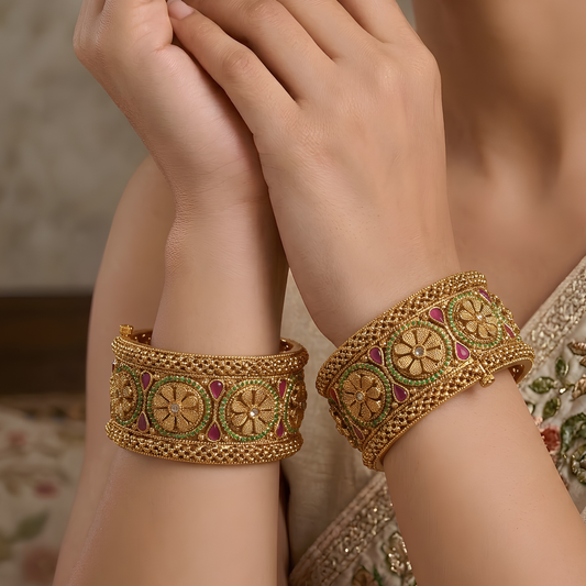 Floral Design Gold-Tone Kada Bangles