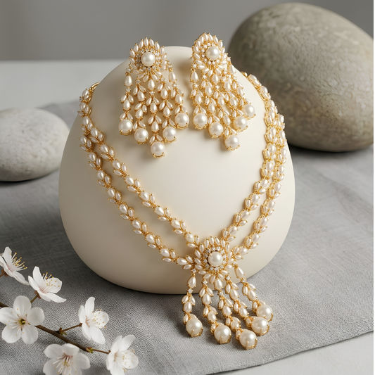 Floral Pearl Necklace Set with Statement Earrings