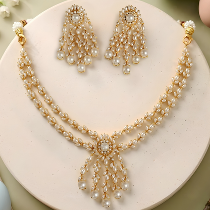 Floral Pearl Necklace Set with Statement Earrings