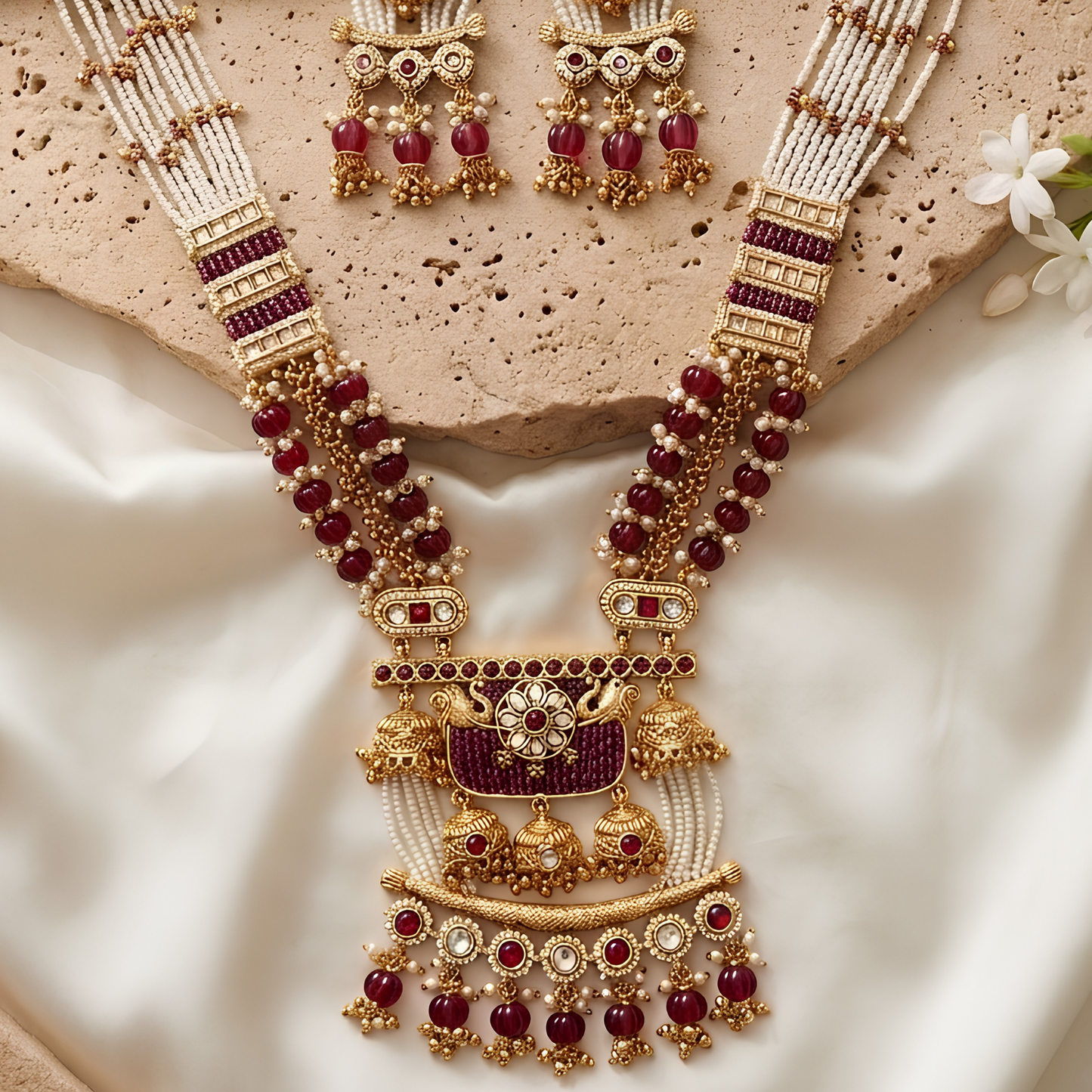 Rajwadi Kundan Long Necklace Set With Earrings