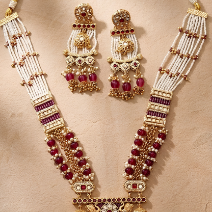 Rajwadi Kundan Long Necklace Set With Earrings