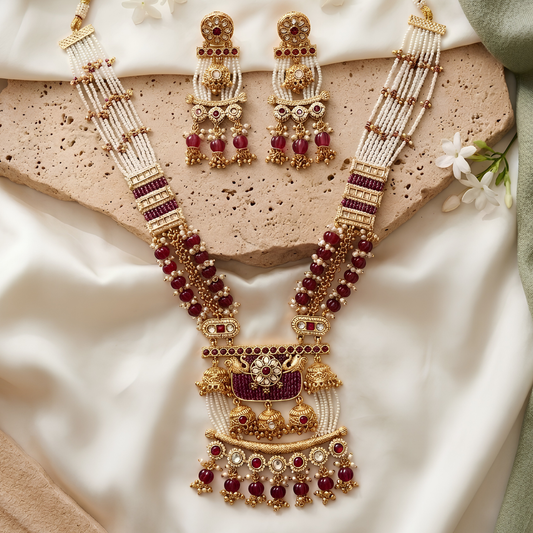 Rajwadi Kundan Long Necklace Set With Earrings