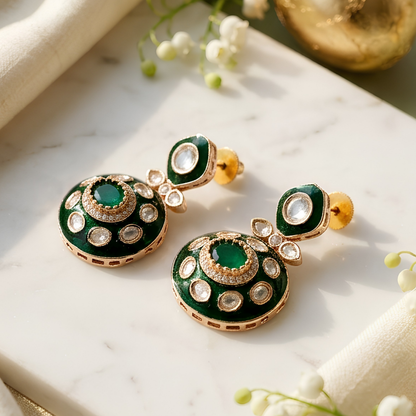 Emerald Green Polki Necklace Set with Statement Earrings