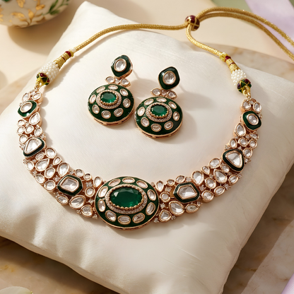 Emerald Green Polki Necklace Set with Statement Earrings